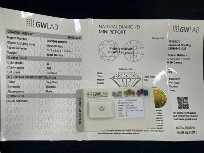 Ingen mindstepris - 1 pcs Diamant  (Natur)  - 0.50 ct - Rund - G - SI3 - Gemewizard Gemological Laboratory (GWLab)