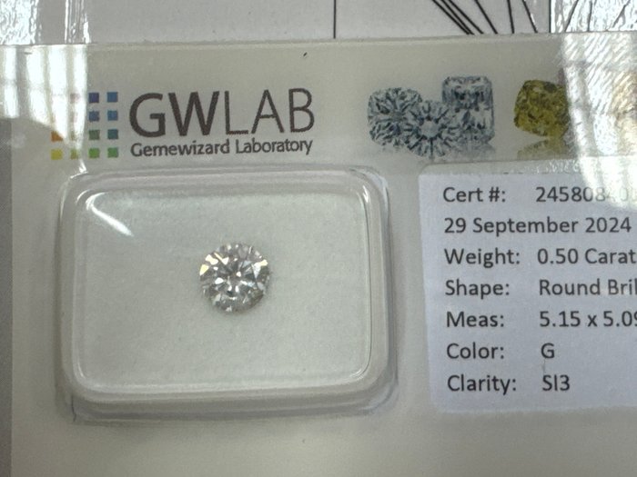 Ingen mindstepris - 1 pcs Diamant  (Natur)  - 0.50 ct - Rund - G - SI3 - Gemewizard Gemological Laboratory (GWLab)