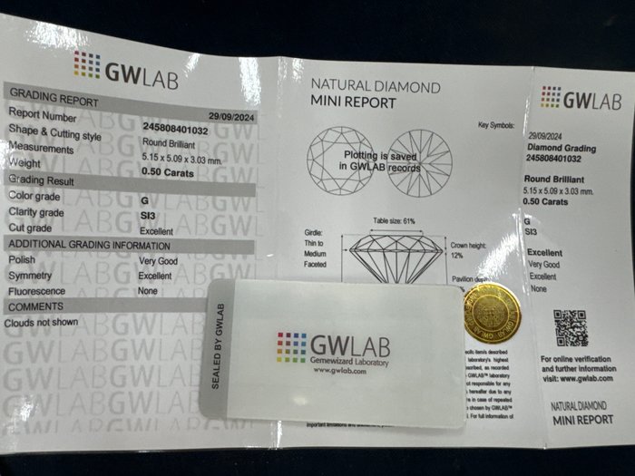 Ingen mindstepris - 1 pcs Diamant  (Natur)  - 0.50 ct - Rund - G - SI3 - Gemewizard Gemological Laboratory (GWLab)