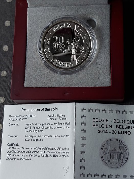 Belgien. 20 Euro 2014 "25th Anniversary - Fall of the Berlin Wall" Proof  (Ingen mindstepris)