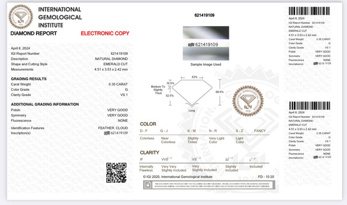 1 pcs Diamant  (Natur)  - 0.35 ct - Radiant - G - VS1 - International Gemological Institute (IGI)