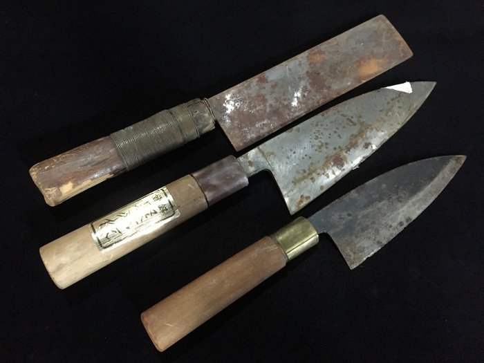 Set of 3 / Japanese Vintage Kitchen Knife / 菜切 NAKIRI 出刃 DEBA - Bordkniv (3) - Stål, Træ