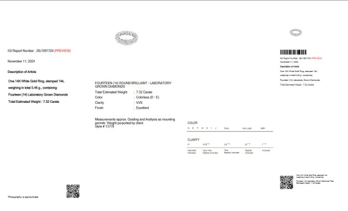 Ingen mindstepris - Alliancering - 14 karat Hvidguld -  7.32ct. tw. Diamant (Laboratoriedyrket) - D-E VVS IGI