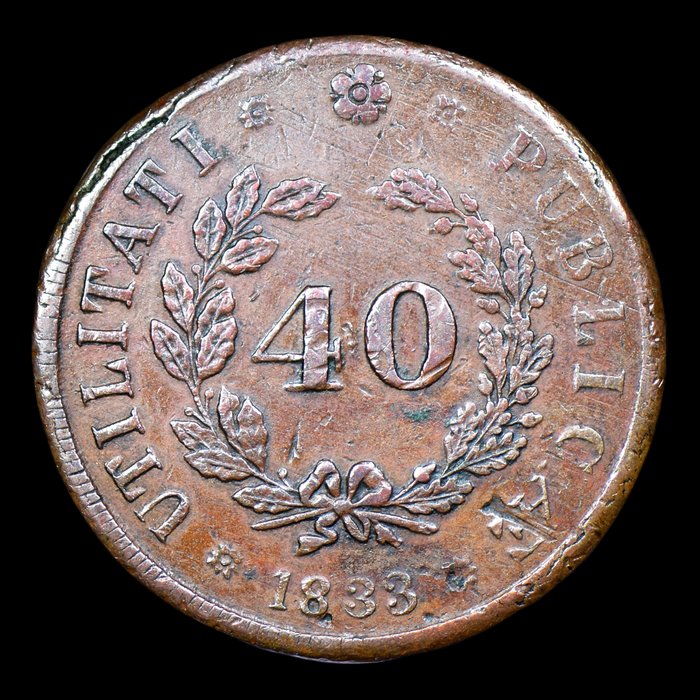 Portugal. D. Maria II (1834-1853). Pataco (40 Réis) 1833 - Lóios (Porto) - Hastes dos "33" Curvas - Sem Arruelas - Raro