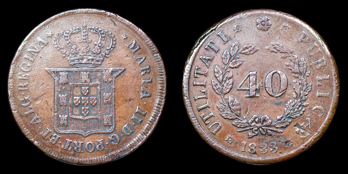 Portugal D Maria II (1834-1853) Pataco (40 Réis) 1833 - Lóios (Porto) - Hastes dos "33" Curvas - Sem Arruelas - Raro