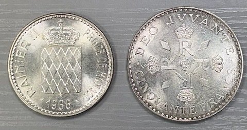 Monaco. 10 Francs 1966 et 50 Francs 1974 Rainier III (lot de 2 monnaies en argent)  (Ingen mindstepris)