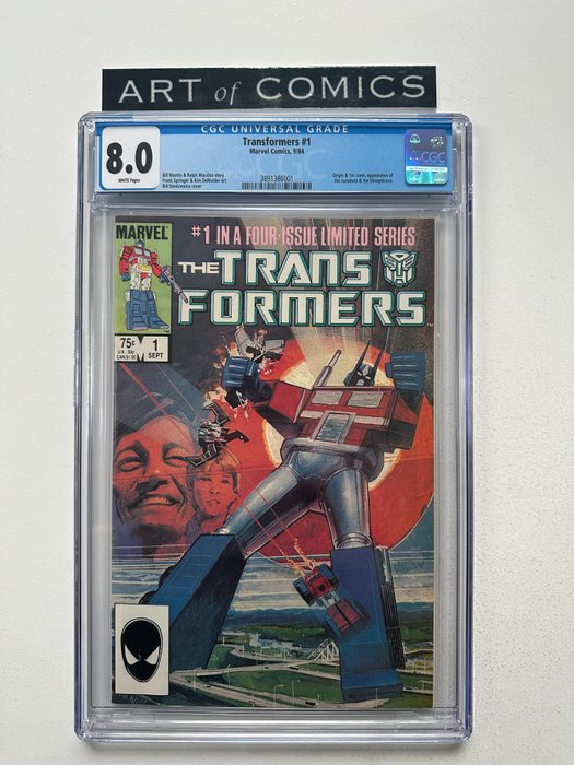 Transformers #1 - 1st Appearance  Origin Of The Autobots  Decepticons - White Pages! - Very Hot Key Book! - 1 Graded comic - Første udgave - 1984 - CGC