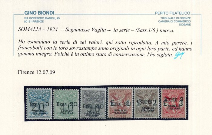 Italienske Somalia 1924 - Poststempler - den komplette nye serie med intakt gummi, også med fremragende centrering - Sassone n° 1/6