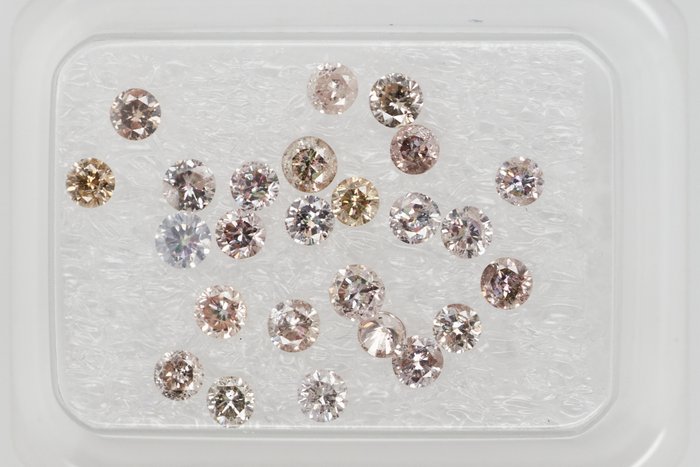 Ingen mindstepris - 25 pcs Diamant  (Naturfarvet)  - 0.95 ct - Rund - Light Gullig, Rosa Brun - I3, SI1 - Gem Report Antwerp (GRA)