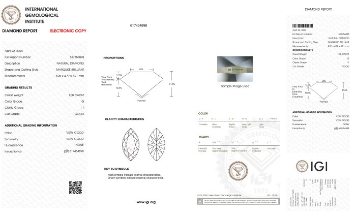 1 pcs Diamant  (Natur)  - 1.00 ct - Marquise - G - I1 - International Gemological Institute (IGI)