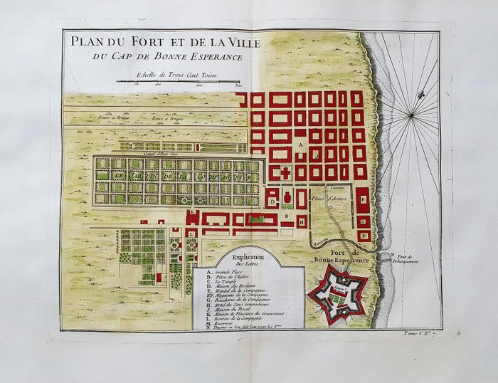 Afrika - Kap det Gode Håb, Sydafrika; La Haye / P. de Hondt / J.N. Bellin - Plan du Fort et de la Ville du Cap de Bonne Esperance - 1721-1750