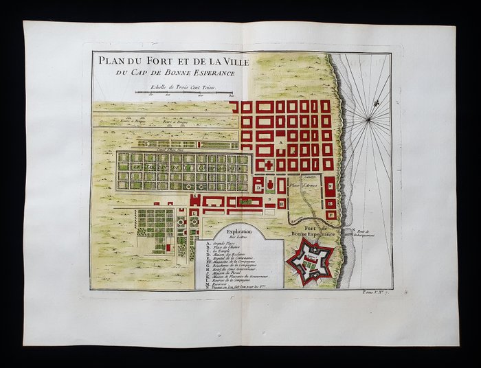 Afrika - Kap det Gode Håb, Sydafrika; La Haye / P. de Hondt / J.N. Bellin - Plan du Fort et de la Ville du Cap de Bonne Esperance - 1721-1750