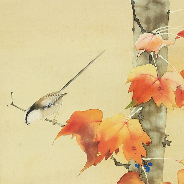 Red Leaves and Small Bird in Autumn with Original Box (Tomobako) - with signature and seal 'Ryuso' 柳荘 - Japan  (Ingen mindstepris)