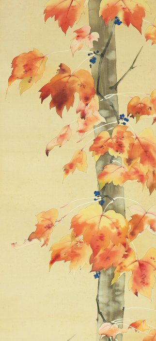 Red Leaves and Small Bird in Autumn with Original Box (Tomobako) - with signature and seal 'Ryuso' 柳荘 - Japan  (Ingen mindstepris)