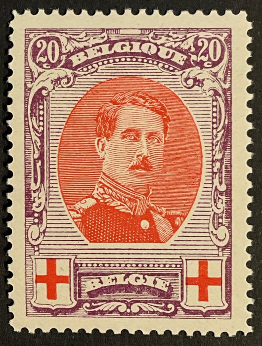 Belgien 1914/1915 - Røde Kors udgave - Albert I - 20c Violet - Perforering 12 x 12 - Sjælden perforering - Smukt center - OPBP 134A