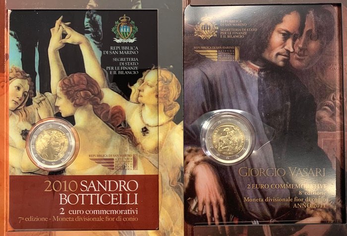 San Marino. 2 Euro 2010/2011 "Botticelli" + "Vasari" (2 pieces)  (Ingen mindstepris)