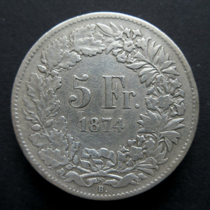 Schweiz. 5 Francs 1874 B. (Brussel Mint)