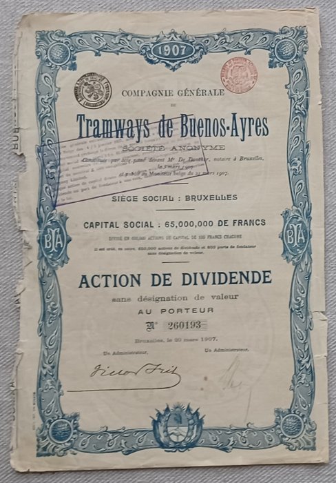 Argentina. - 160 x Action de Dividende - 1907 - Tramways de Buenos- Ayres  (Ingen mindstepris)