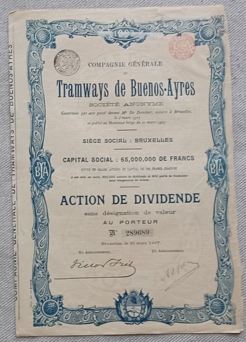 Argentina. - 160 x Action de Dividende - 1907 - Tramways de Buenos- Ayres  (Ingen mindstepris)