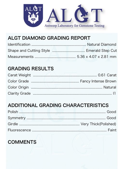 1 pcs Diamant  (Naturfarvet)  - 061 ct - Smaragd - Fancy intense Brun - I1 - Antwerp Laboratory for Gemstone Testing (ALGT)