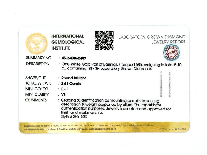 Øreringe - 14 karat Hvidguld -  2.68ct. tw. Diamant (Laboratoriedyrket)