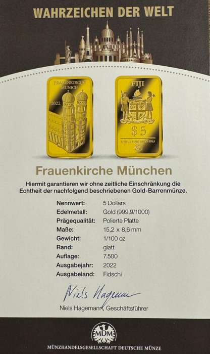 Fiji. 5 Dollars 2022 Frauenkirche Munchen, 1/100 Oz (.999) Proof  (Ingen mindstepris)