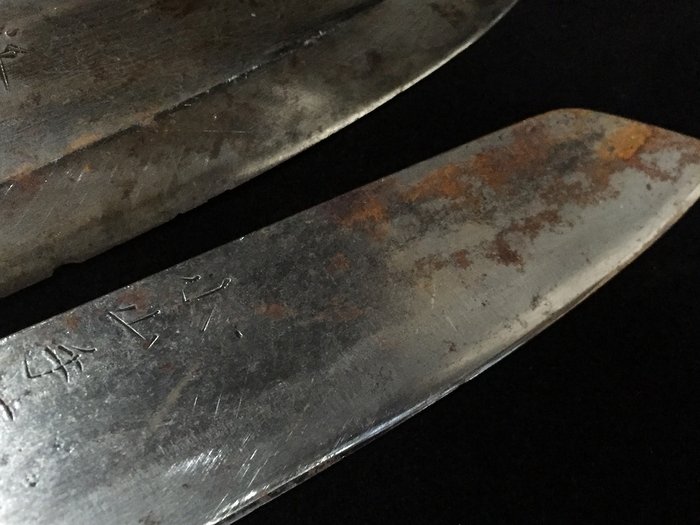 Set of 3 / Japanese Vintage Kitchen Knife / 出刃 DEBA 菜切 NAKIRI 三得 SANTOKU - Bordkniv (3) - Stål Træ