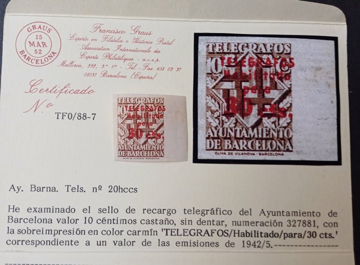 Spanien 1942 - Barcelona Telegrafer Farveændring i overbelastning Graus certifikat - Edifil 20hccs