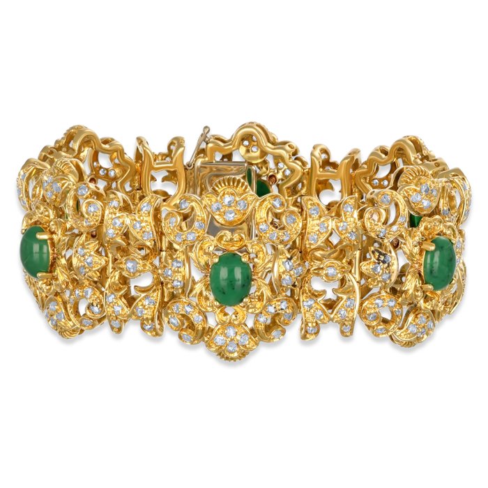 Armbånd - 18 kraat Gulguld -  7.50ct. tw. Jade - Diamant