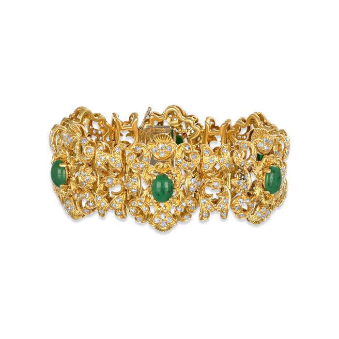 Armbånd - 18 kraat Gulguld -  7.50ct. tw. Jade - Diamant