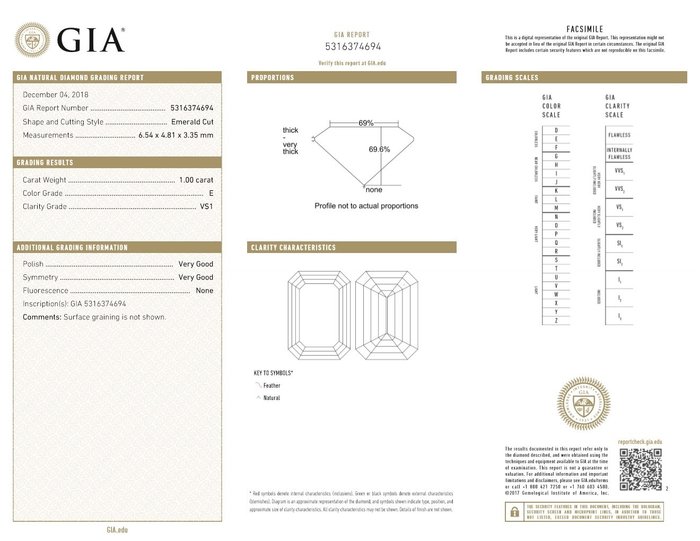 1 pcs Diamant  (Natur)  - 1.00 ct - Smaragd - E - VS1 - Gemological Institute of America (GIA)