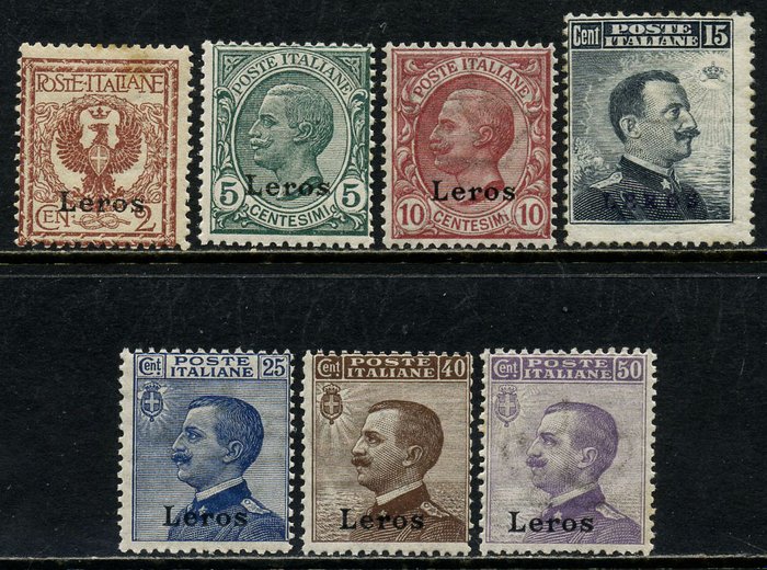 Ægæiske Lero 1912 - Definitivt, komplet sæt med 7 værdier - Sassone N. 1/7 € I valori da 2 e 15 centesimi sono linguellati; gli altri sono integri