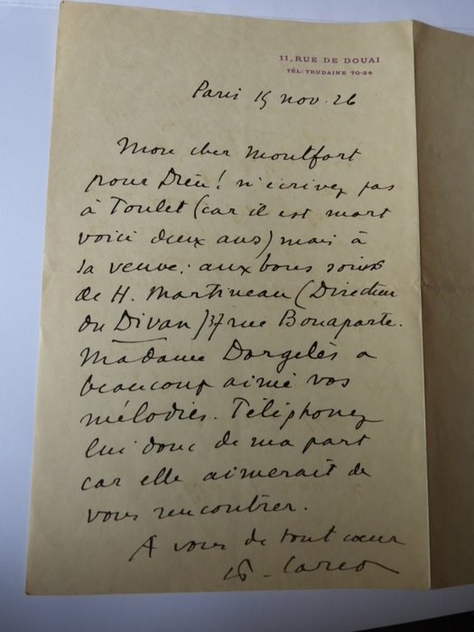 Francis Carco - Lettres autographes signées à Robert Monfort - 1920