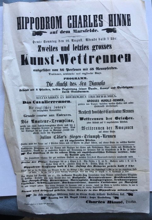 Charles Hinne - Hippodrom Charles Hinne auf dem Marsfelde (München) Zirkus-Ankündigungszettel - 1863