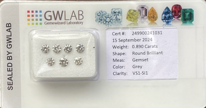 Ingen mindstepris - 7 pcs Diamant  (Natur)  - 0.89 ct - Rund - SI1, VS1 - Gemewizard Gemological Laboratory (GWLab) - Grå