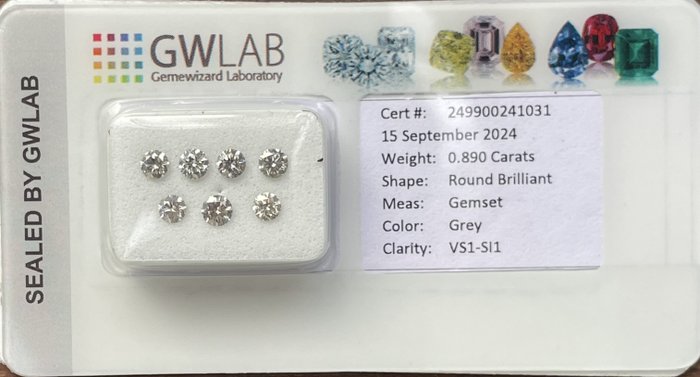 Ingen mindstepris - 7 pcs Diamant  (Natur)  - 0.89 ct - Rund - SI1, VS1 - Gemewizard Gemological Laboratory (GWLab) - Grå