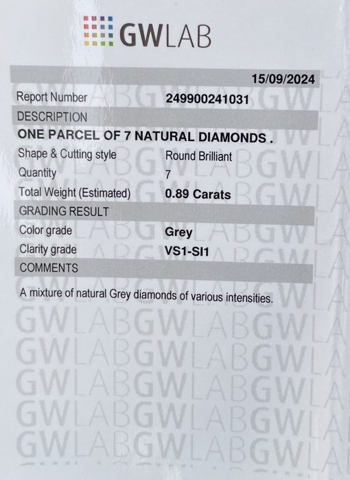 Ingen mindstepris - 7 pcs Diamant  (Natur)  - 0.89 ct - Rund - SI1, VS1 - Gemewizard Gemological Laboratory (GWLab) - Grå