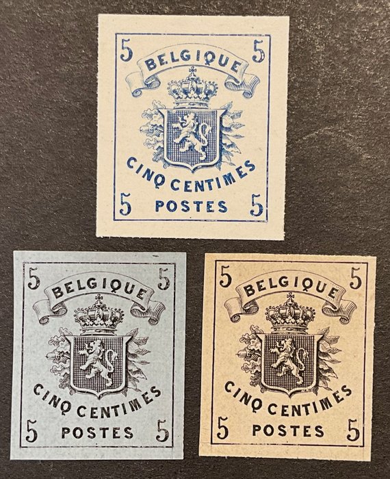 Belgien 1866/1867 - Lille Løve - 3 korrektur 5c på hvidt og farvet papir - Stes 1243 1253 1260