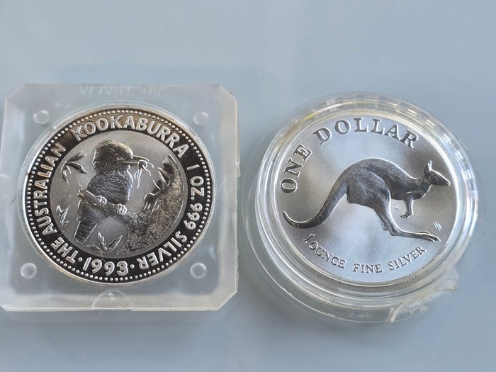 Australien. 1 Dollar 1993 Kookaburra + Kangaroo, 2x1 Oz (.999)  (Ingen mindstepris)