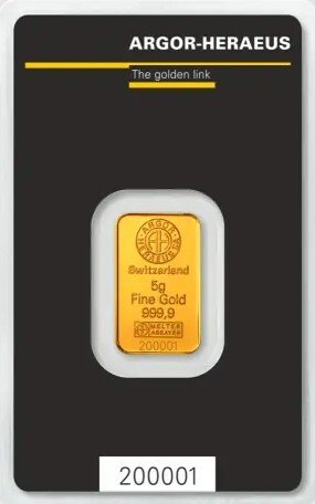 5 gram - Guld 999 - Argor Heraeus 5 Gramm Goldbarren Kinebar in Blister - Forseglet  Med certifikat