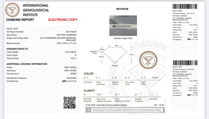 1 pcs Diamant  (Natur)  - 0.32 ct - Radiant - D (farveløs) - VVS1 - International Gemological Institute (IGI)