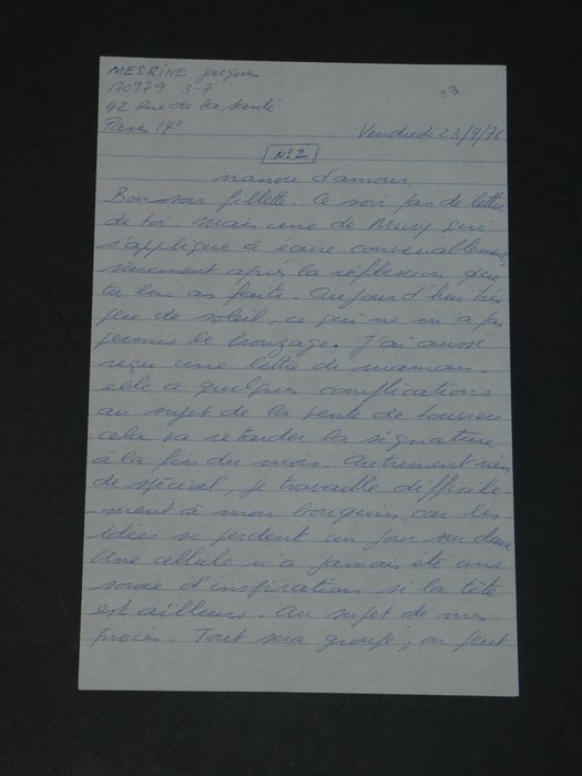 Jacques Mesrine - [15 jours de procès, ce qui promet de l'amusement] - Lettre autographe signée à Jeanne Schneider, pendant son incarcération - 1976