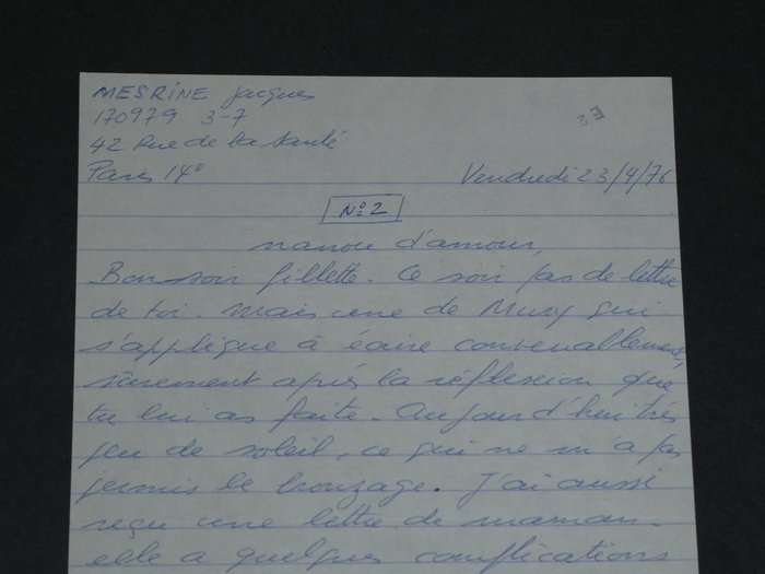 Jacques Mesrine - [15 jours de procès, ce qui promet de l'amusement] - Lettre autographe signée à Jeanne Schneider, pendant son incarcération - 1976