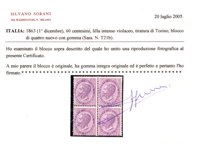 Italien Kongerige 1863/1863 - SPL quatrain 60 cent, Turin sort T21b intens lilla lilla Sorani certificeret - Sassone T21b