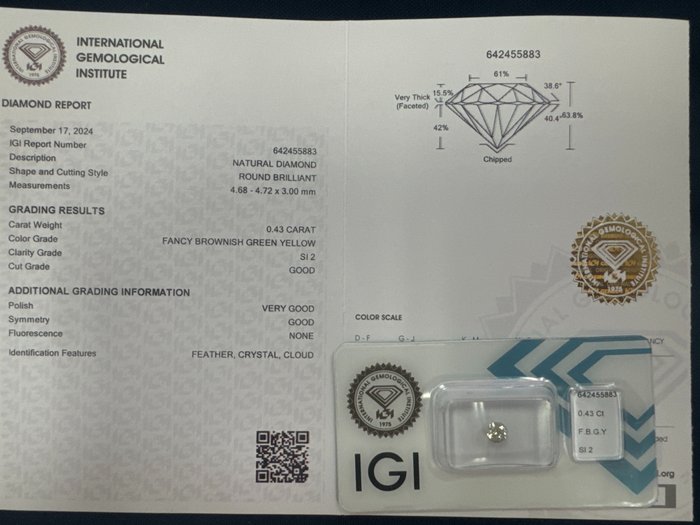 Ingen mindstepris - 1 pcs Diamant  (Naturfarvet)  - 0.43 ct - Rund - Fancy Brunlig, Grøn Gul - SI2 - International Gemological Institute (IGI)