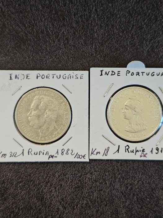 Portugisisk Indien. D. Luis I-Republica. 1 Rupia 1882/1912 (2 coins)  (Ingen mindstepris)