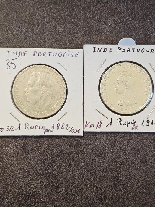 Portugisisk Indien. D. Luis I-Republica. 1 Rupia 1882/1912 (2 coins)  (Ingen mindstepris)