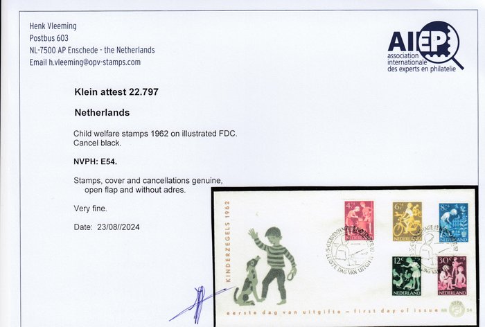 Holland 1962/1962 - Holland Kinderzegels 1962 NVPH: E54 FDC Med VLEEMING Certifikat