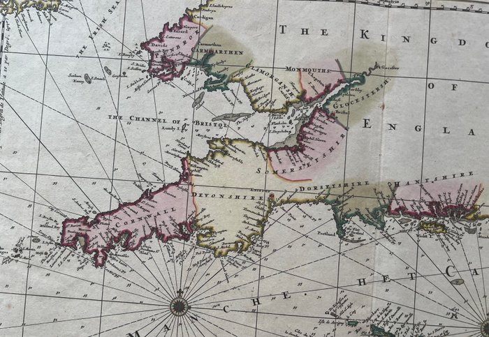 Europa - U.K. / Frankrig / Kort over Den Engelske Kanal mellem Normandiet / Kent / Sussex / Cornwall /; Visscher - Manica , Gallis la manche , et Belgis het Canaal pars Oceani - 1661-1680