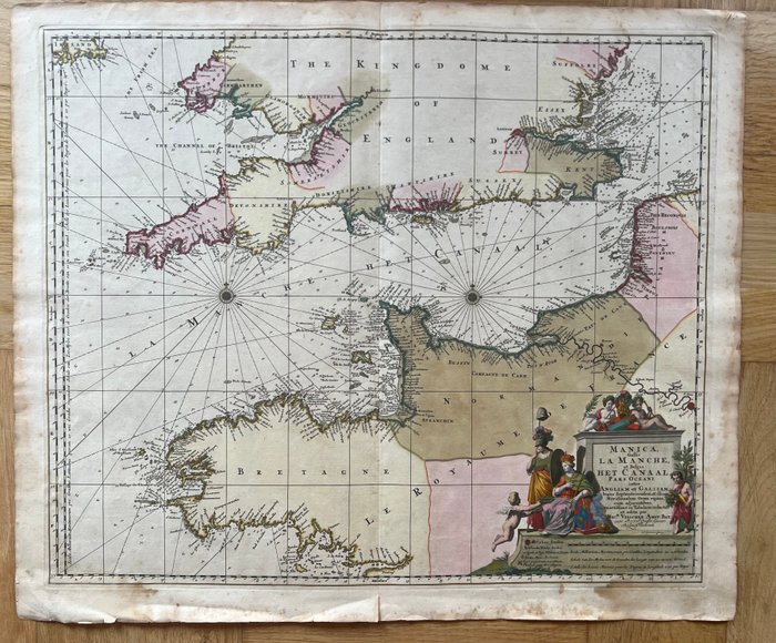 Europa - U.K. / Frankrig / Kort over Den Engelske Kanal mellem Normandiet / Kent / Sussex / Cornwall /; Visscher - Manica , Gallis la manche , et Belgis het Canaal pars Oceani - 1661-1680